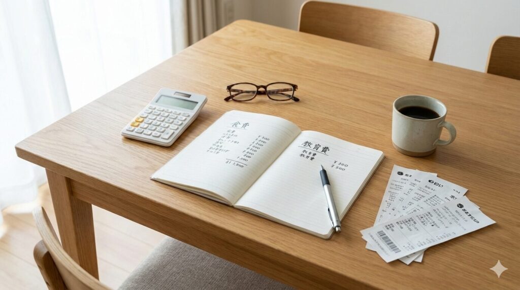 家計管理ノート　コーヒーと電卓