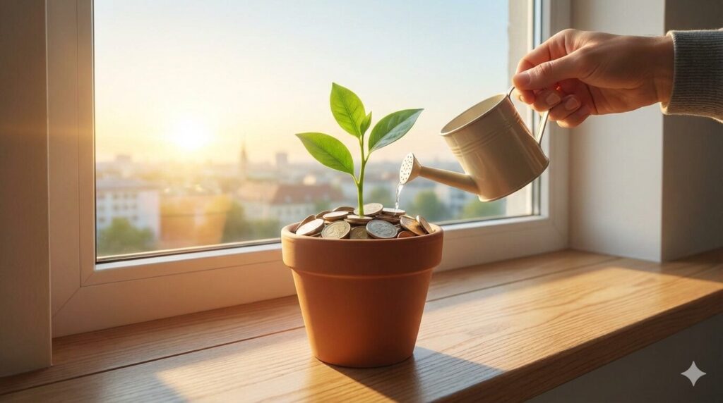 お金の芽に水やりをしている　外の景色が見える窓