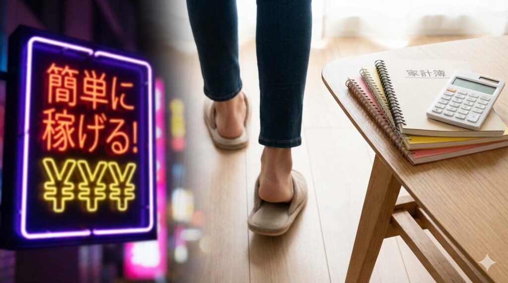 簡単に稼げる　看板　家計簿と後ろ姿