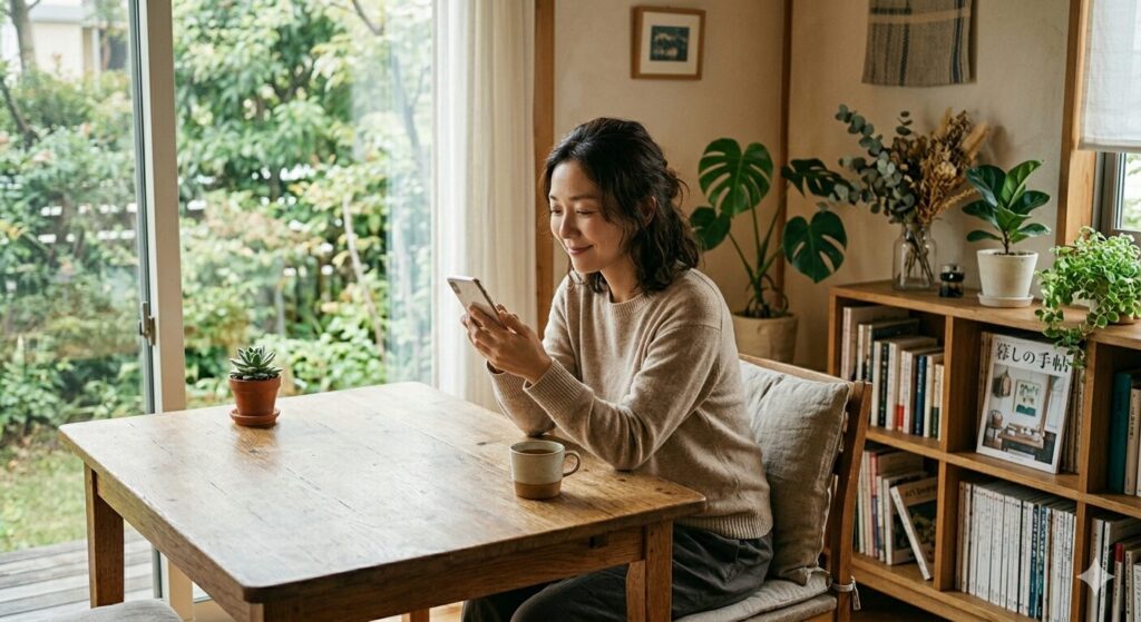 スマホをみて微笑む女性　