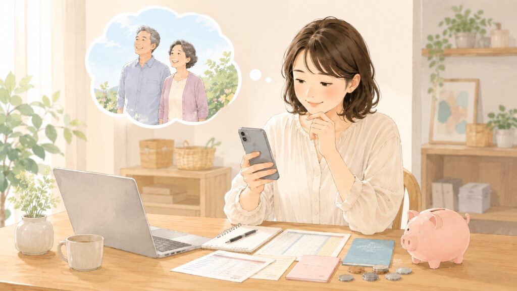 老後の夫婦を思い浮かべている主婦　手にはスマホ、テーブルにはコーヒーとPC・貯金箱