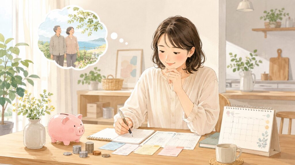 老後の夫婦の姿を思い浮かべる主婦　手元には家計簿・貯金箱
