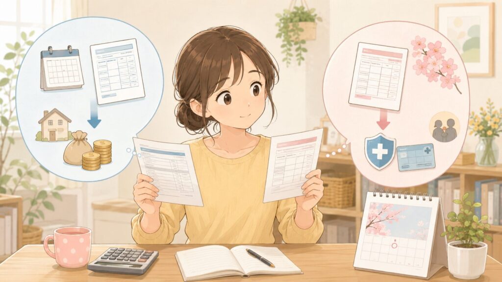 ２つの書類をみて見比べる母親
