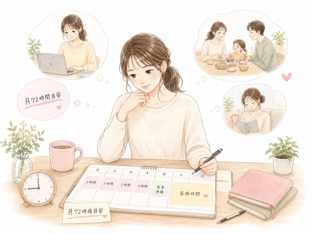 スケジュール表を書き込む主婦・PC・家族との団らん・読書・月72時間目安で働く