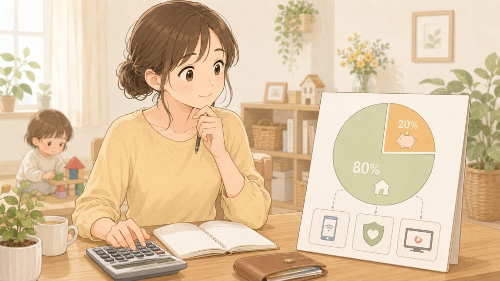 80％20％の円グラフをみて考える母　右手には電卓