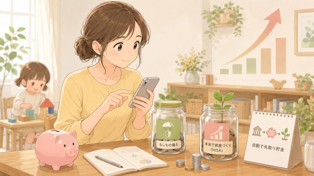「もしもの備え」の貯金箱・「未来で資産作り」の貯金箱・自動で先取り貯金の文字　笑顔の親子