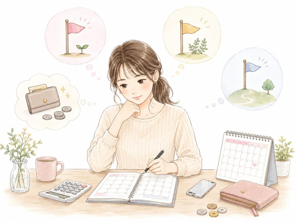 手帳をみながら考える主婦・お金と3つの旗

