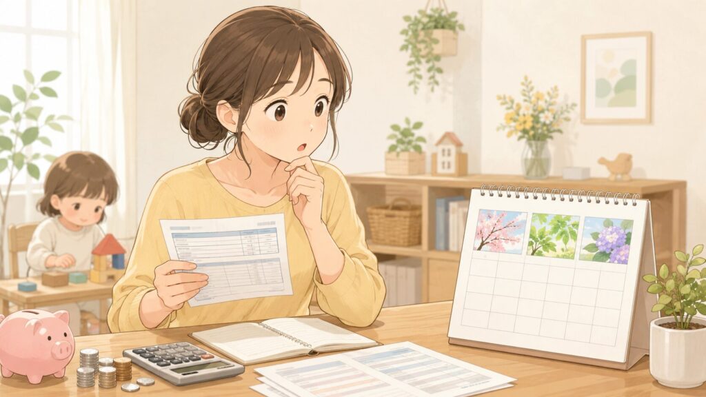 4・5・6月のカレンダーと電卓・給与明細をみて考える母　後ろには子どもが積み木で遊ぶ姿