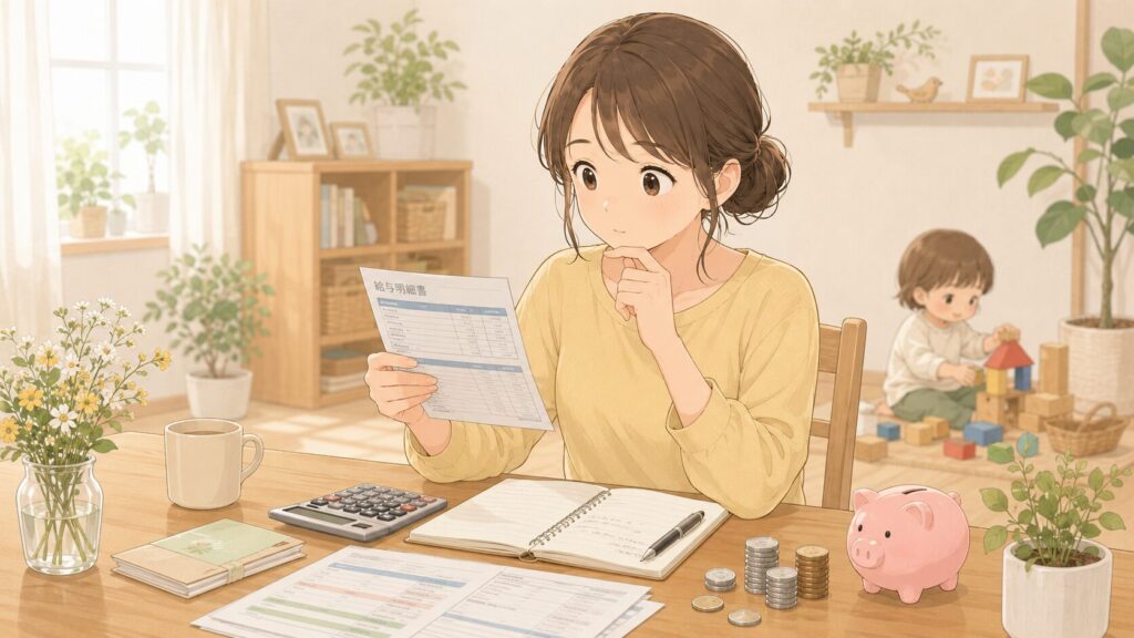 給与明細をみる母　後ろではこどもがひとりで積み木遊び