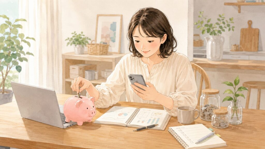 貯金箱にお金を入れる主婦　PCやスマホでお金の勉強中