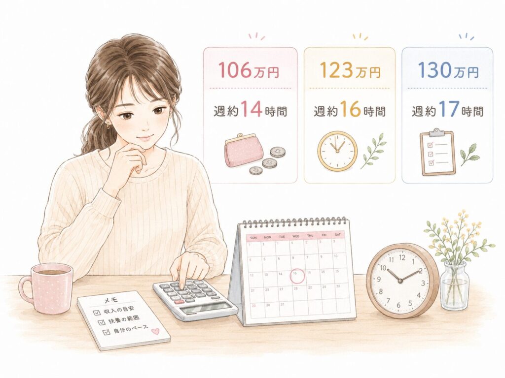 106万は14時間・123万は16時間・130万は17時間
電卓をうちながら考える主婦
コーヒーとカレンダー
